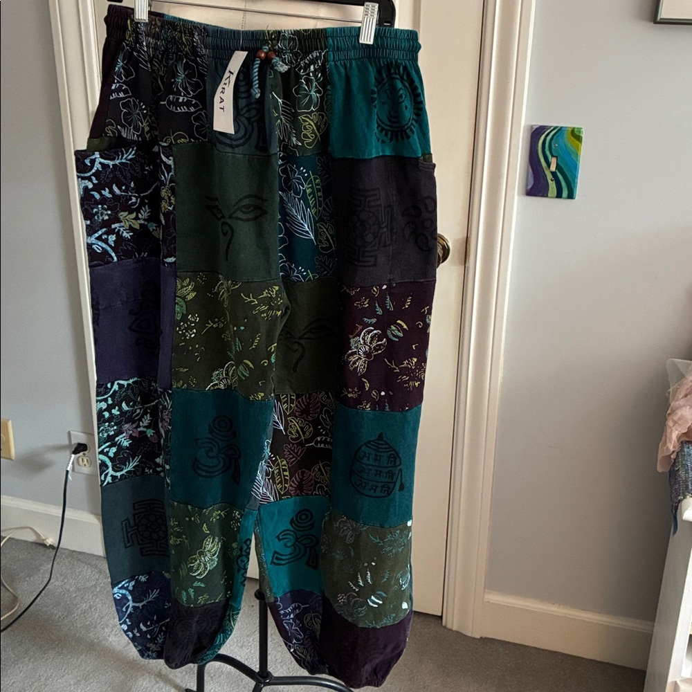 Patchwork Boho Harem Pants in Teal, Green & Plum